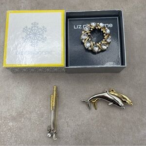 Liz Claiborne Brooch Pin Lot Golf Clubs Dolphins Circle Rhinestone Two Tone Gift